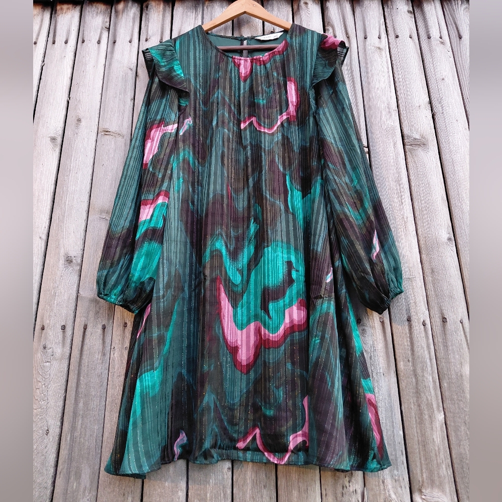 Nine West peacock print shimmer flowy mid mini ruffle sleeve dress Womens L